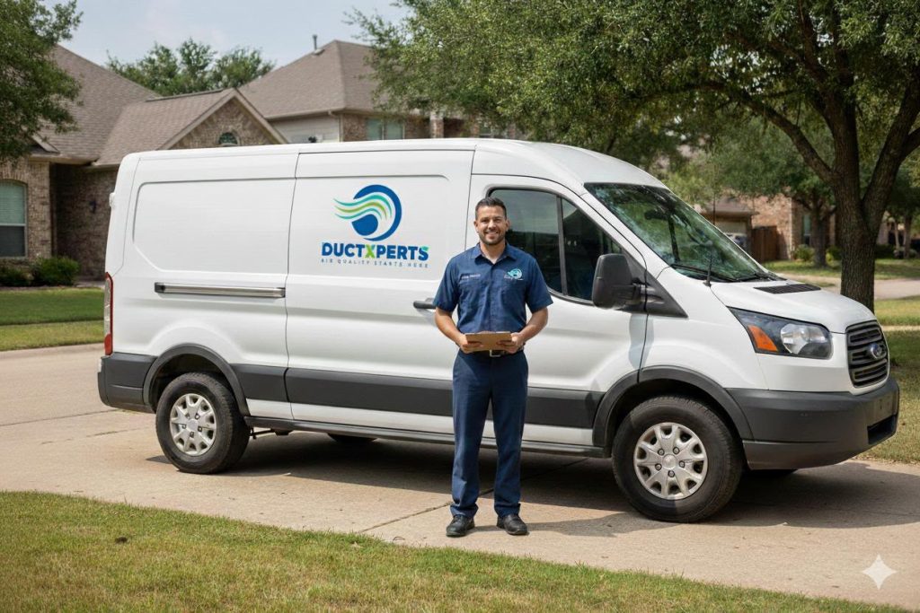 Commercial air duct cleaning Austin technician servicing rooftop HVAC unit