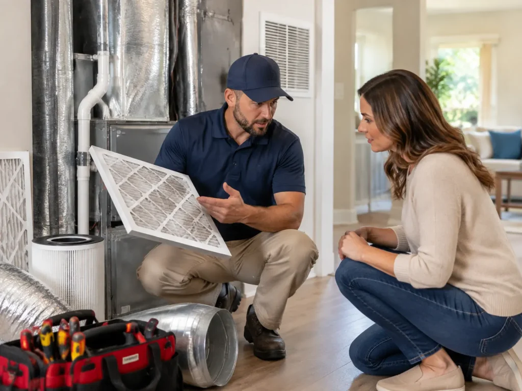 Technician explaining HVAC air filter replacement
