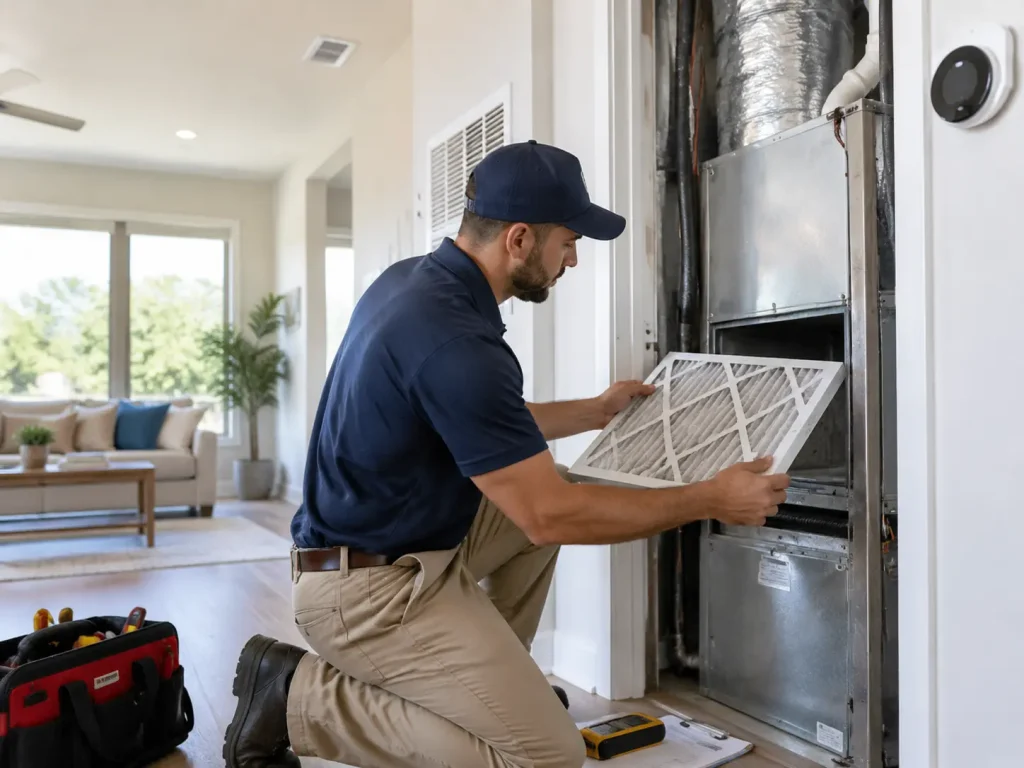 Technician replacing HVAC air filter